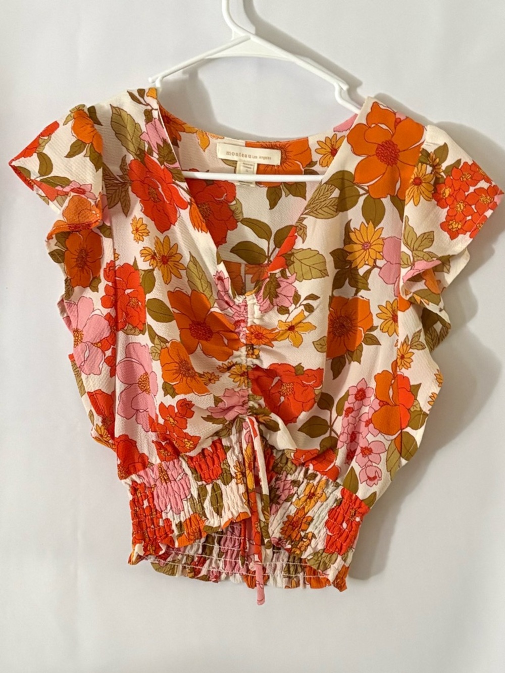 Monteau Orange Pink Floral Ruched V-Neck Crop Top